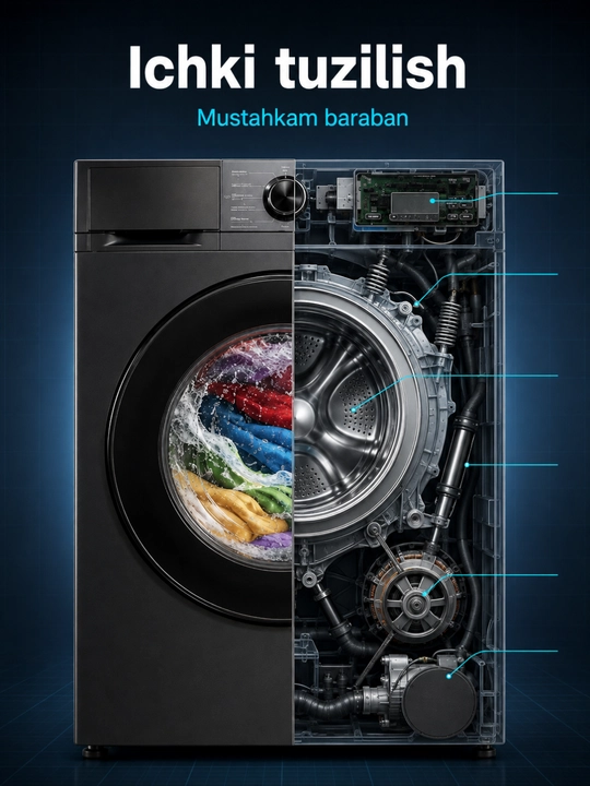 AIWA avtomat kir yuvish mashinasi, 6 kg, olddan yuklanadigan, qora rang - 