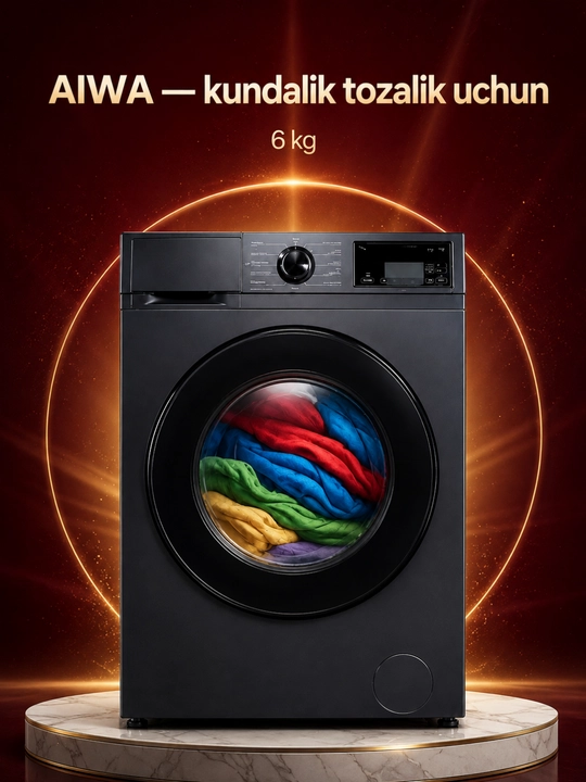 AIWA avtomat kir yuvish mashinasi, 6 kg, olddan yuklanadigan, qora rang