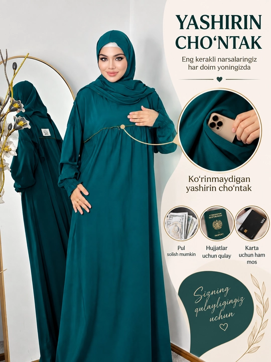 Umra va Haj uchun ayollar libosi,namoz  ko‘ylagi,Namaznik,namoz uchun romolli koylak