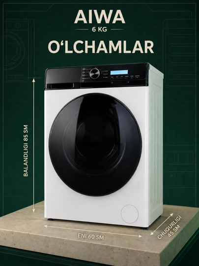 AIWA avtomat kir yuvish mashinasi, 6 kg, frontal yuklash, oq rang, displeyli