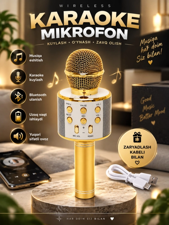 Микрофон караоке, беспроводная Bluetooth колонка, USB зарядка, черный красный желтый - 