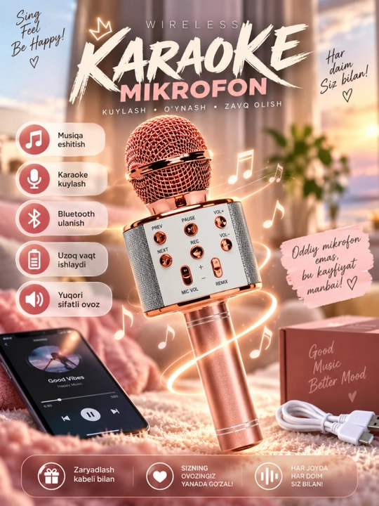 Микрофон караоке, беспроводная Bluetooth колонка, USB зарядка, черный красный желтый - 