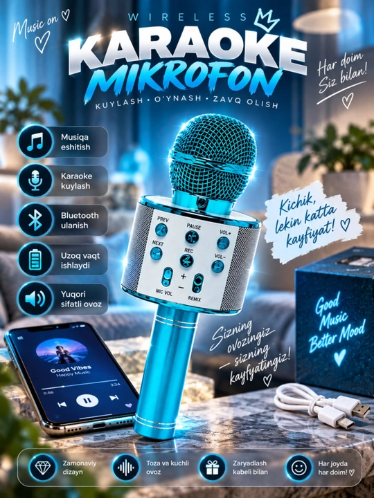 Микрофон караоке, беспроводная Bluetooth колонка, USB зарядка, черный красный желтый - 