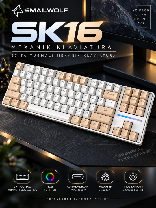 SMAILWOLF SK16 87 tugmali mexanik geymer klaviaturasi, RGB yoritish, USB Type-C - 