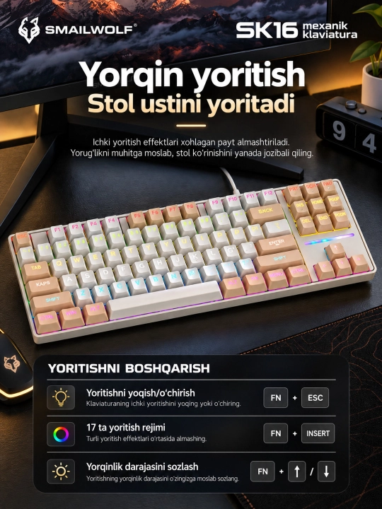 SMAILWOLF SK16 87 tugmali mexanik geymer klaviaturasi, RGB yoritish, USB Type-C