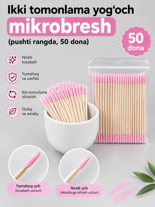 Ikki tomonlama yog‘och mikrobresh, pushti rangda, 50 dona - 
