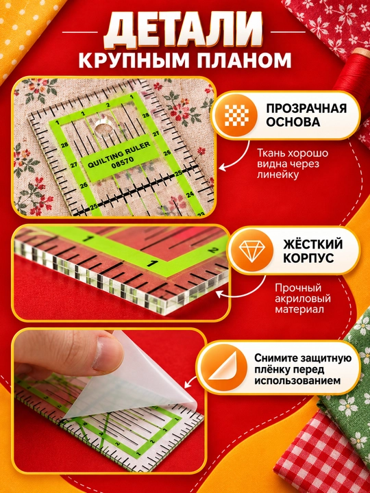 Линейка акриловая для шитья, пэчворка и квилтинга, квадратная разметка