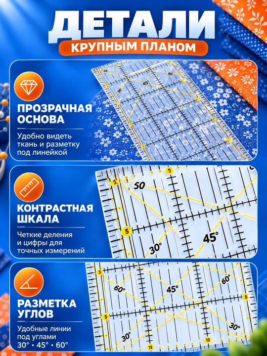 Линейка акриловая для шитья, пэчворка и квилтинга, квадратная разметка
