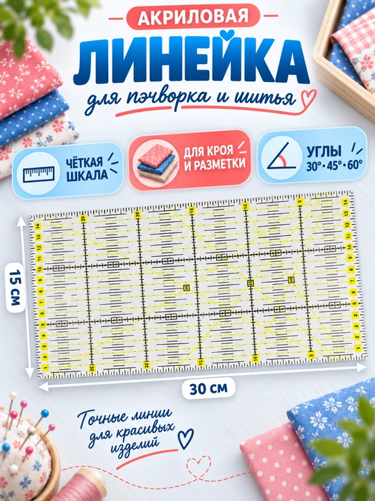 Линейка акриловая для шитья, пэчворка и квилтинга, квадратная разметка - 