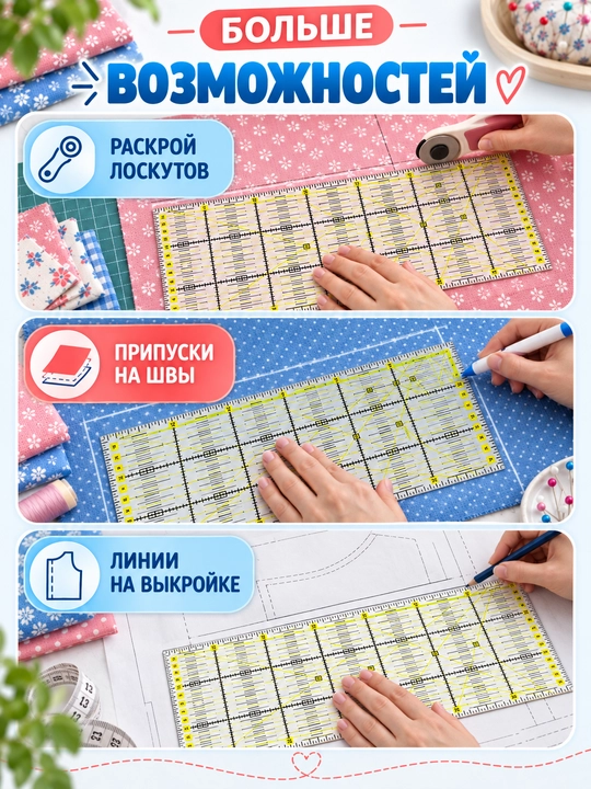 Линейка акриловая для шитья, пэчворка и квилтинга, квадратная разметка