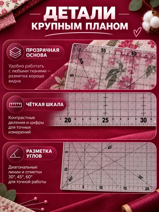 Линейка акриловая для шитья, пэчворка и квилтинга, квадратная разметка