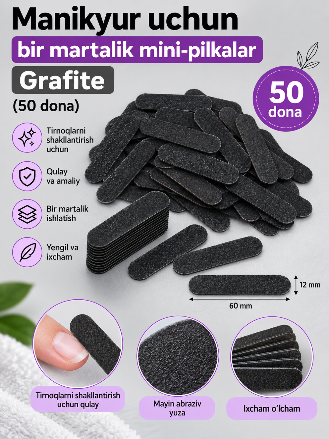 Manikyur uchun bir martalik mini-pilkalar Grafite 50 dona - 
