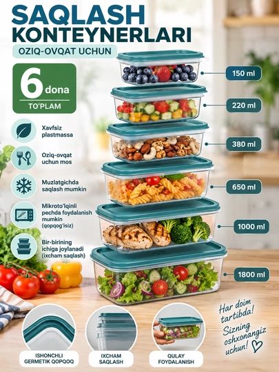 Plastik konteynerlar oziq-ovqat uchun 3/7 dona, ovqat va mahsulot saqlash uchun - 