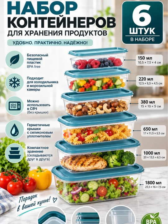 Пластиковые контейнеры для продуктов 3/7 шт, для хранения еды