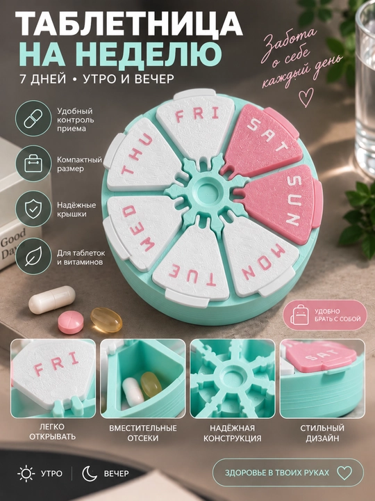3D tabletkalar organizatori, dorilarni saqlash uchun ixcham quti, haftalik 7 bo‘limli