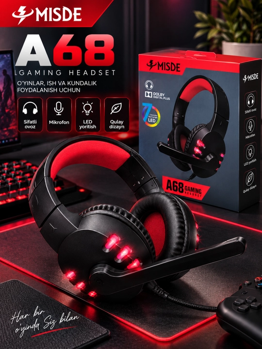 Gaming quloqchin, simli stereo headset, mikrofonli, RGB yoritishli, qulay