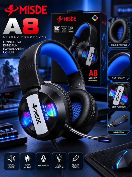 Gaming quloqchin, simli stereo headset, mikrofonli, RGB yoritishli, qulay