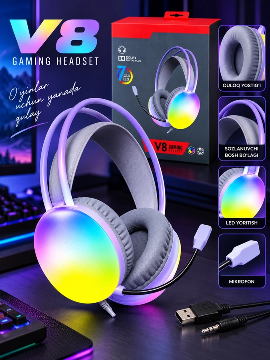 Gaming quloqchin, simli stereo headset, mikrofonli, RGB yoritishli, qulay