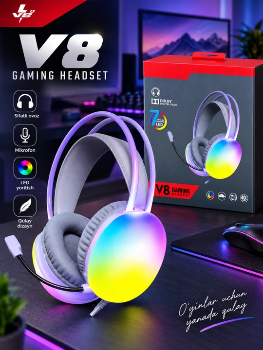 Игровые наушники, проводная стереогарнитура с микрофоном и RGB подсветкой - 
