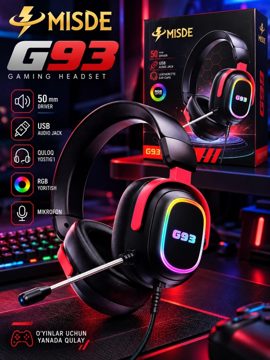 Игровые наушники, проводная стереогарнитура с микрофоном и RGB подсветкой - 
