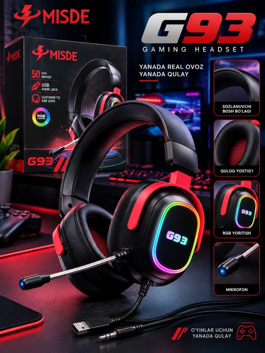 Gaming quloqchin, simli stereo headset, mikrofonli, RGB yoritishli, qulay