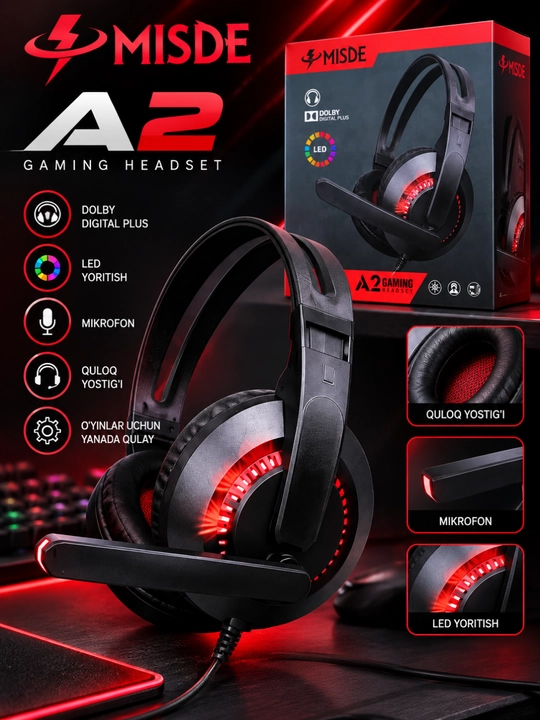 Игровые наушники, проводная стереогарнитура с микрофоном и RGB подсветкой - 