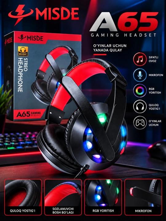Игровые наушники, проводная стереогарнитура с микрофоном и RGB подсветкой - 