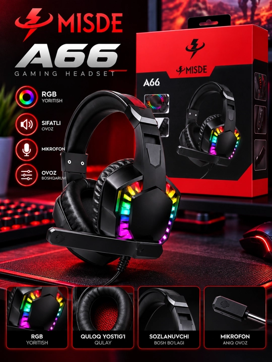 Gaming quloqchin, simli stereo headset, mikrofonli, RGB yoritishli, qulay