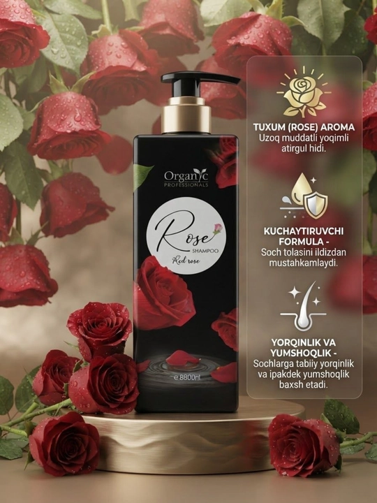Шампунь Organic Rose — с экстрактом розы для ухода за волосами, 800 мл - 
