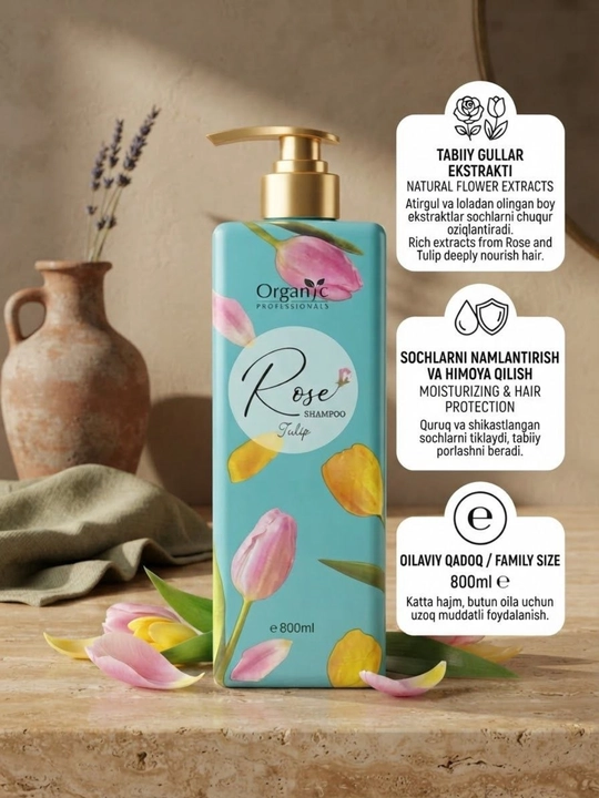 Шампунь Organic Rose — с экстрактом розы для ухода за волосами, 800 мл - 