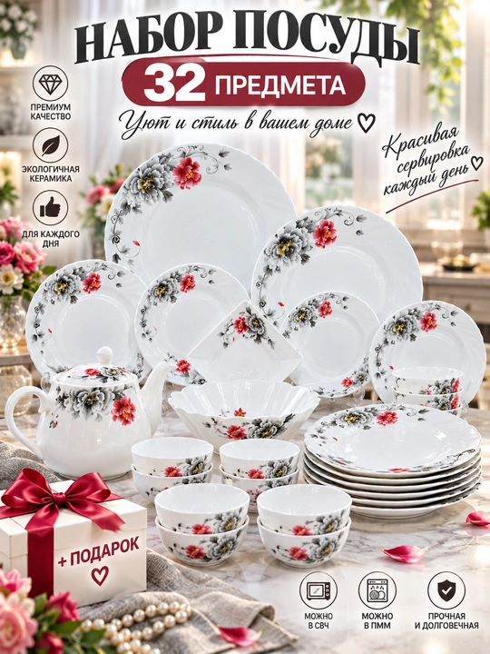 Набор посуды Torix на 6 персон, 32 предмета, стеклокерамика, подарочная упаковка - 