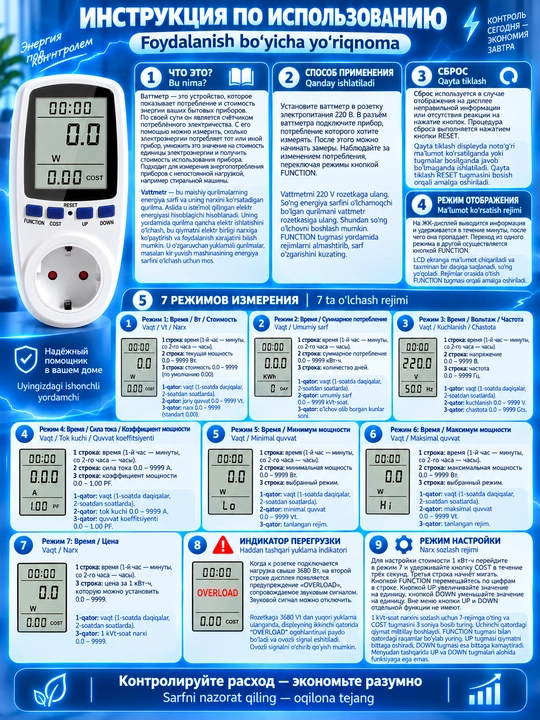 Raqamli rozetkali vattmetr, elektr hisoblagich, quvvat o‘lchagich, voltmetr