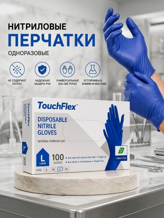 Нитриловые одноразовые перчатки TouchFlex (Синий ) размер L, 100 шт - 