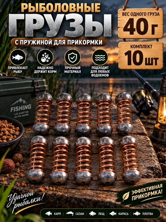 Рыболовные грузы с пружиной для прикармливания — 40 г, 10 штук - 
