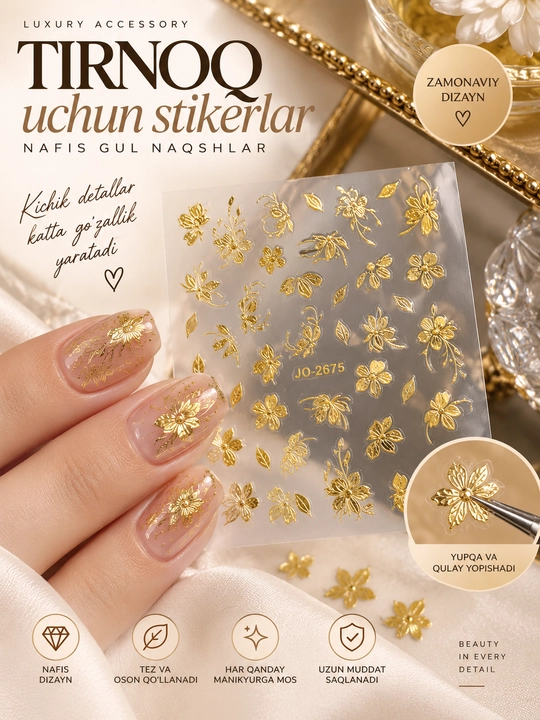 Nafis gulli tirnoq stikerlari manikyuringizga chiroyli va yorqin bezak beruvchi aksessuar