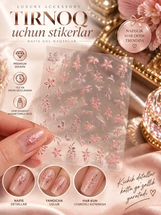 Nafis gulli tirnoq stikerlari manikyuringizga chiroyli va yorqin bezak beruvchi aksessuar