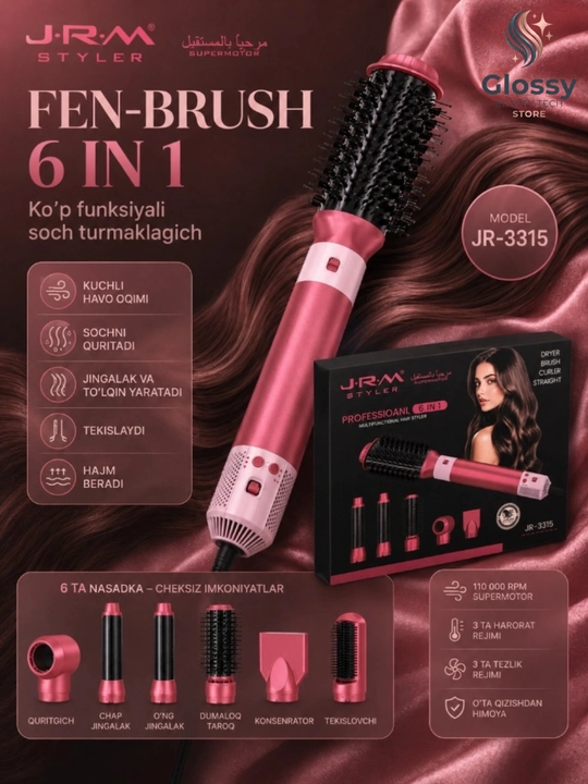 Фен-стайлер Airwrap JRM Styler, воздушная укладка, мультистайлер для волос, 1600W 6 в 1 - 