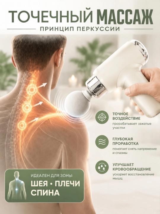 Перкуссионный массажер для тела, 6 режимов, 9 насадок