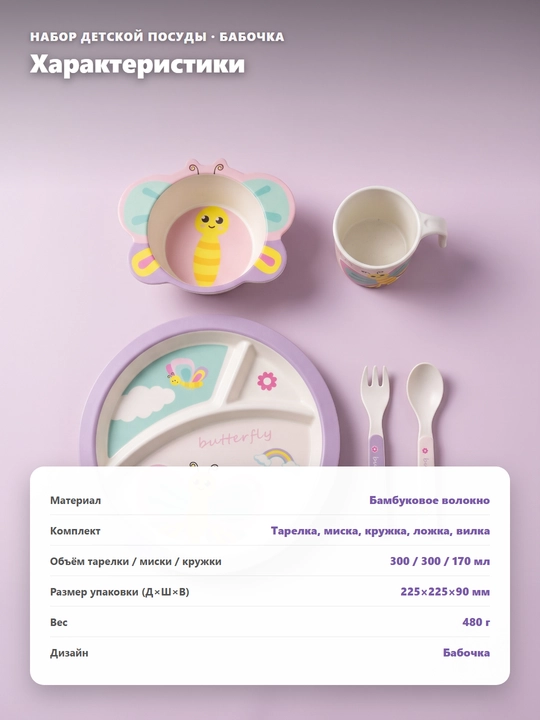 Набор детской посуды из бамбукового волокна, 5 предметов , тарелка, миска, кружка, приборы