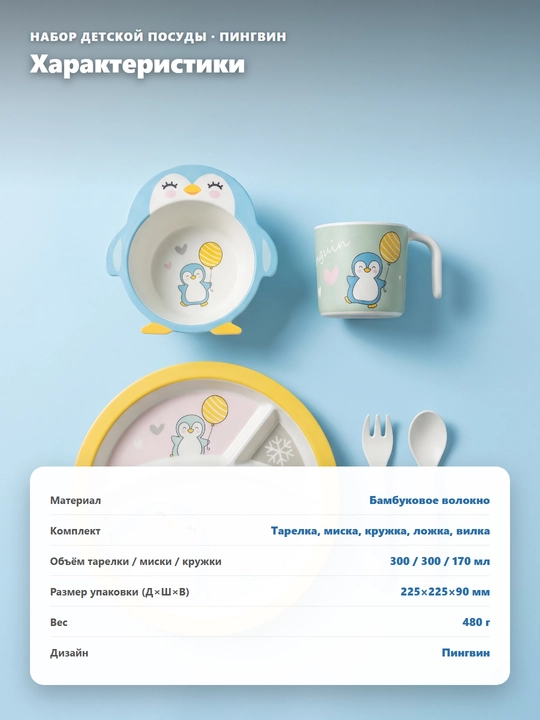 Набор детской посуды из бамбукового волокна, 5 предметов , тарелка, миска, кружка, приборы