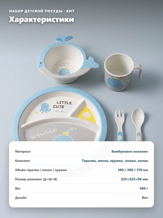Набор детской посуды из бамбукового волокна, 5 предметов , тарелка, миска, кружка, приборы