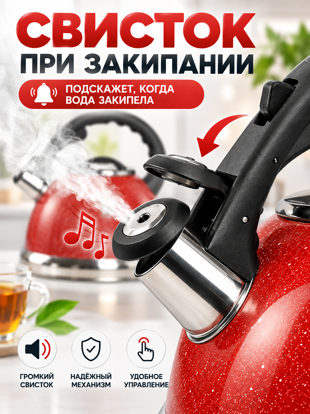 Чайник со свистком 3,2 л из нержавеющей стали, для газовой и индукционной плиты