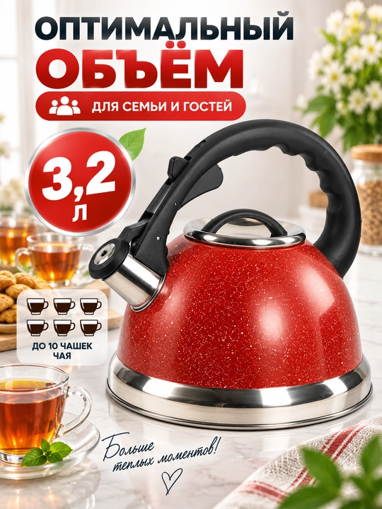 Чайник со свистком 3,2 л из нержавеющей стали, для газовой и индукционной плиты