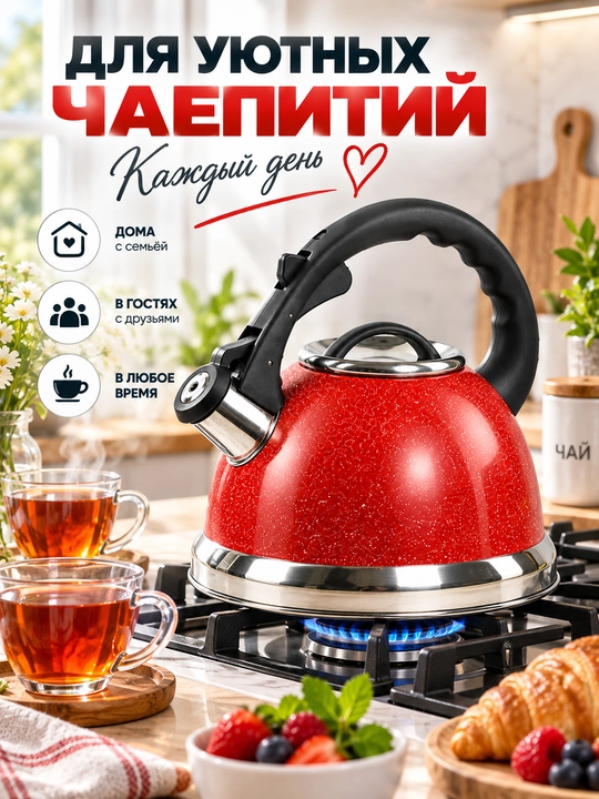 Чайник со свистком 3,2 л из нержавеющей стали, для газовой и индукционной плиты