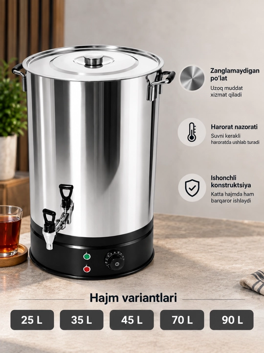 Elektr samovar zanglamas po‘latdan, kranli, harorat sozlagichli suv isitgich