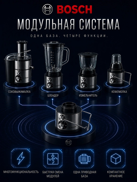 Bosch 4in1 оshxona kombayni, sharbat chiqargich, blender, maydalagich, kofe maydalagich