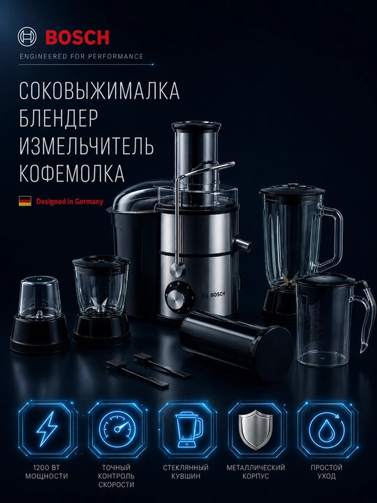 Кухонный комбайн Bosch, 4 в 1, соковыжималка, блендер, измельчитель, кофемолка - 
