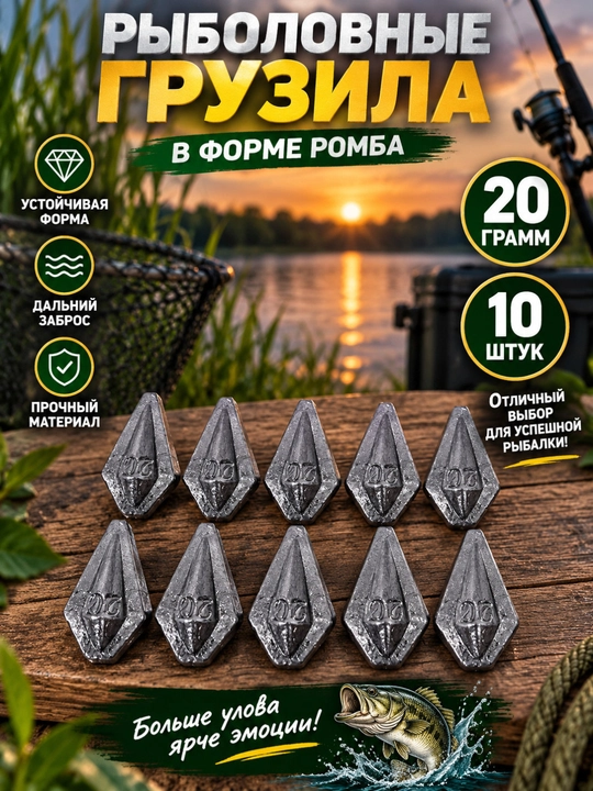 Рыболовное грузило в форме ромба, 20 г — 10 штук - 
