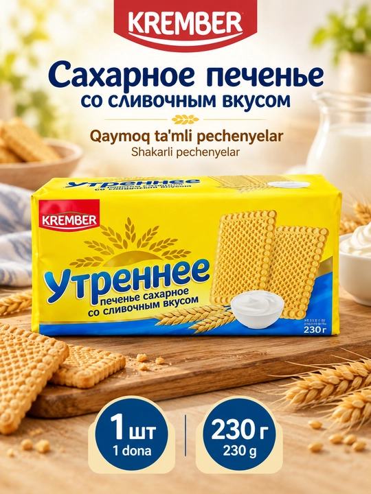 Krember Утреннее qaymoq ta'mli shakarli pechenyelar, 230 g, 1 yoki 3 dona - 