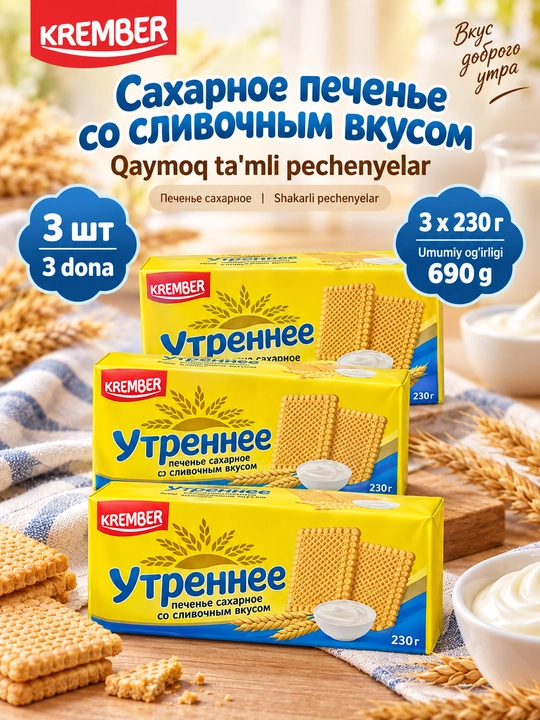 Krember Утреннее qaymoq ta'mli shakarli pechenyelar, 230 g, 1 yoki 3 dona